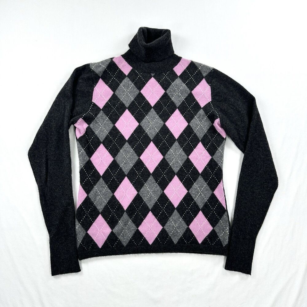 Randy Kemper Cashmere Sweater Argyle Turtleneck Small Gray Preppy Y2K Academia